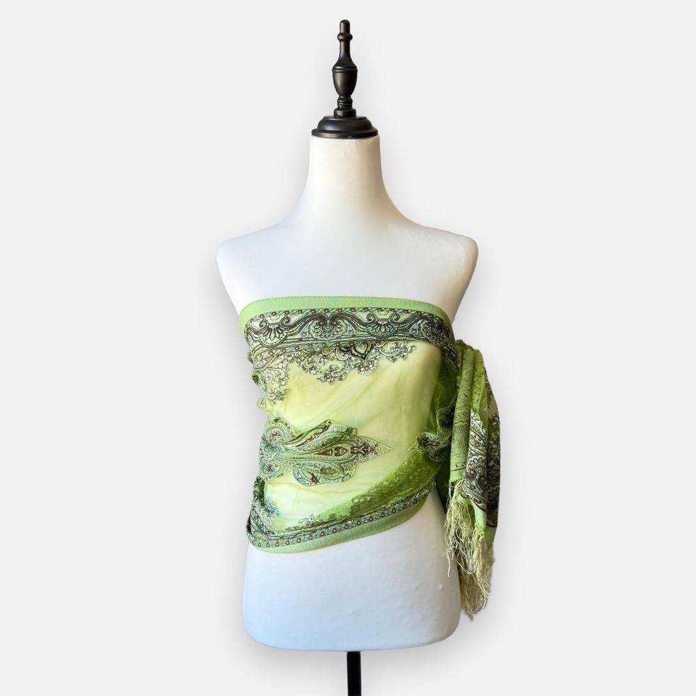 Y2K Lime Green Paisley Print Scarf Convertible Tube Top Boho Fairy Fringe
